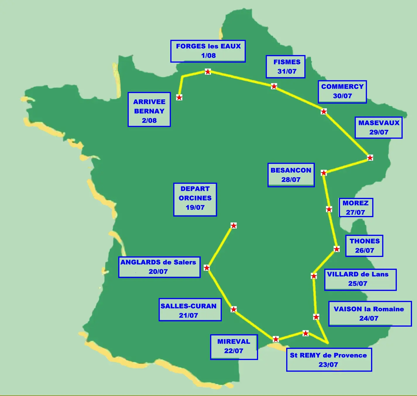 Carte du parcours de la France en courant 2008