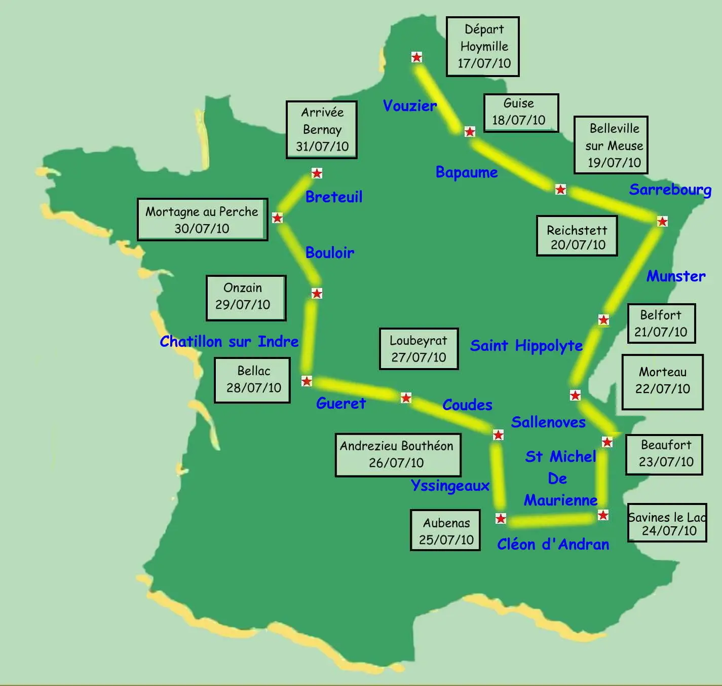 Carte du parcours de la France en courant 2010