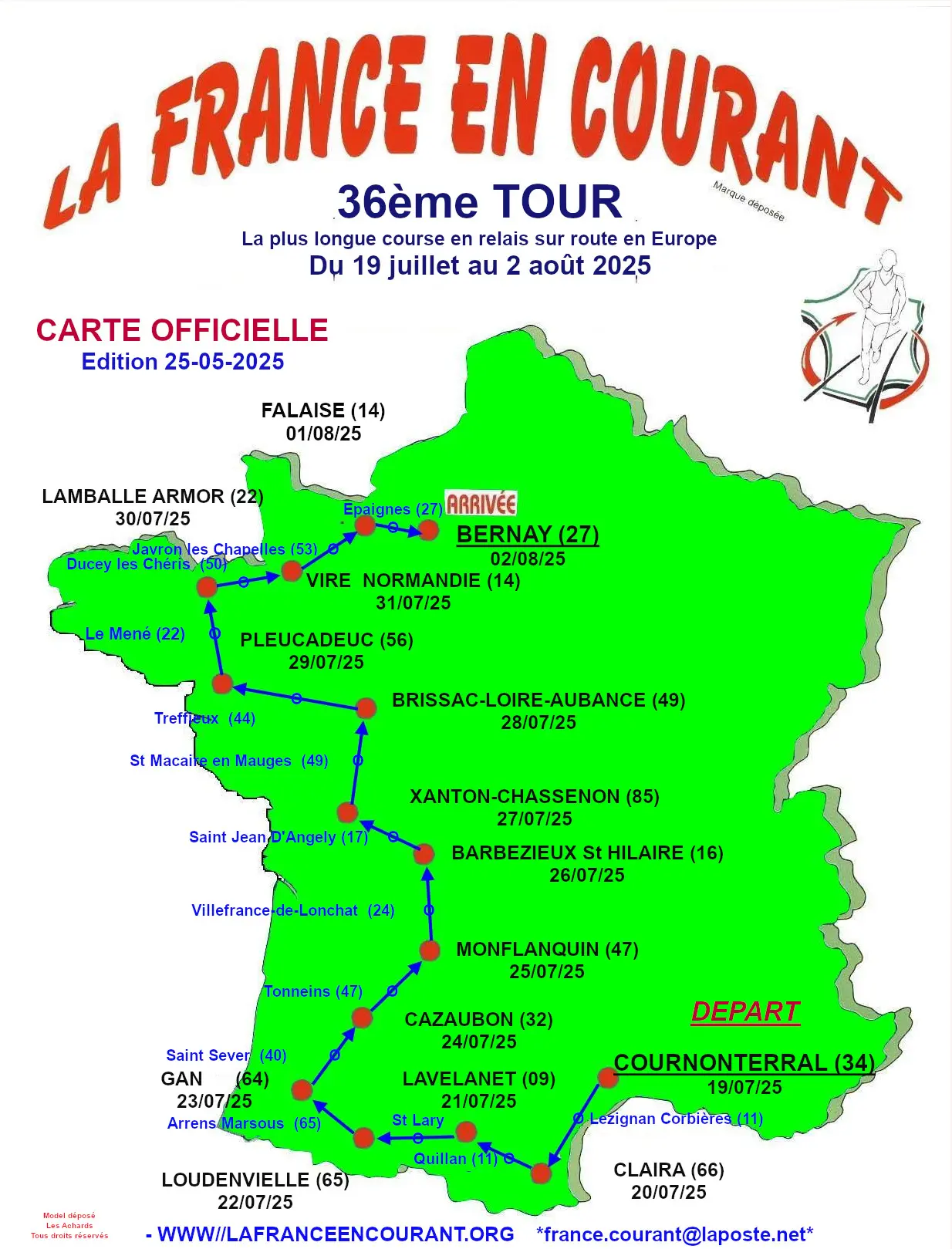 Carte du parcours de la France en courant 2025